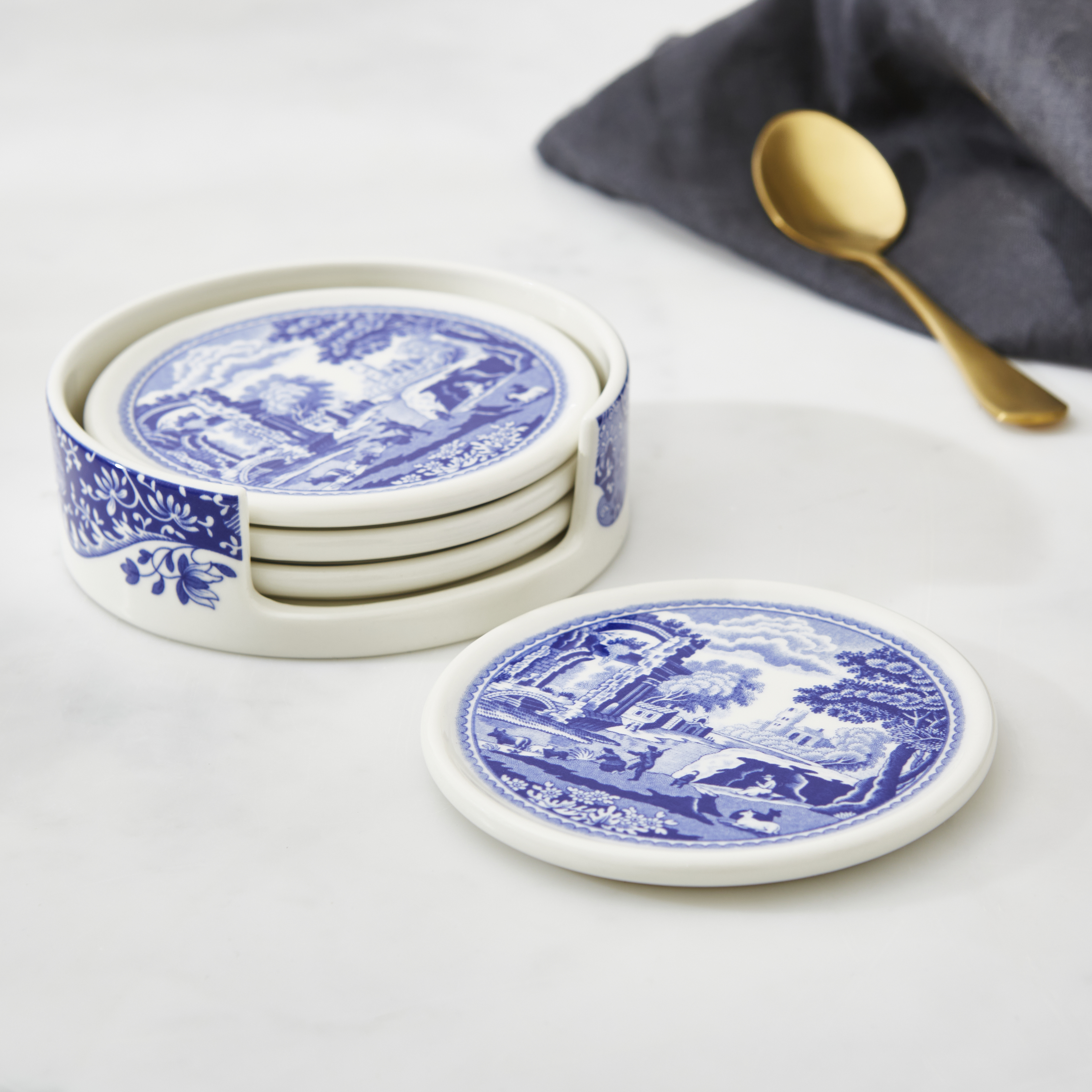 Blue Italian 4 Piece Ceramic Coasters with Holder image number null